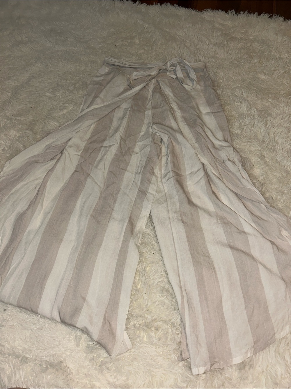 Striped Wide-Leg Tie-Waist Pants in Beige and White